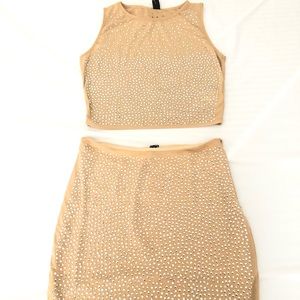 Taupe rhinestone top and skirt